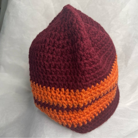 Handmade Crochet Strata Striped Beanie Hat Soft Maroon Orange Virginia VT Colors - Picture 2 of 7